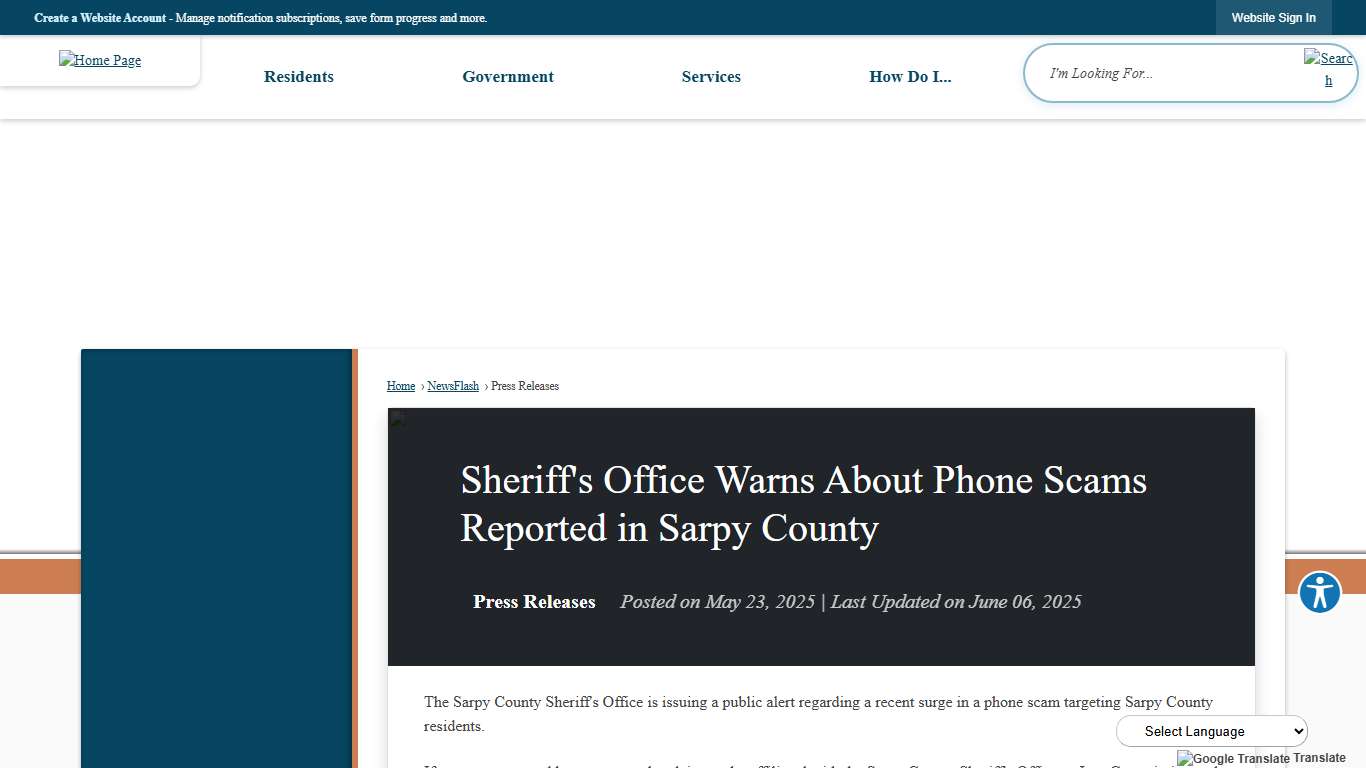Sheriff's Office Warns About Phone Scams Reported in Sarpy County • Sarpy County, NE