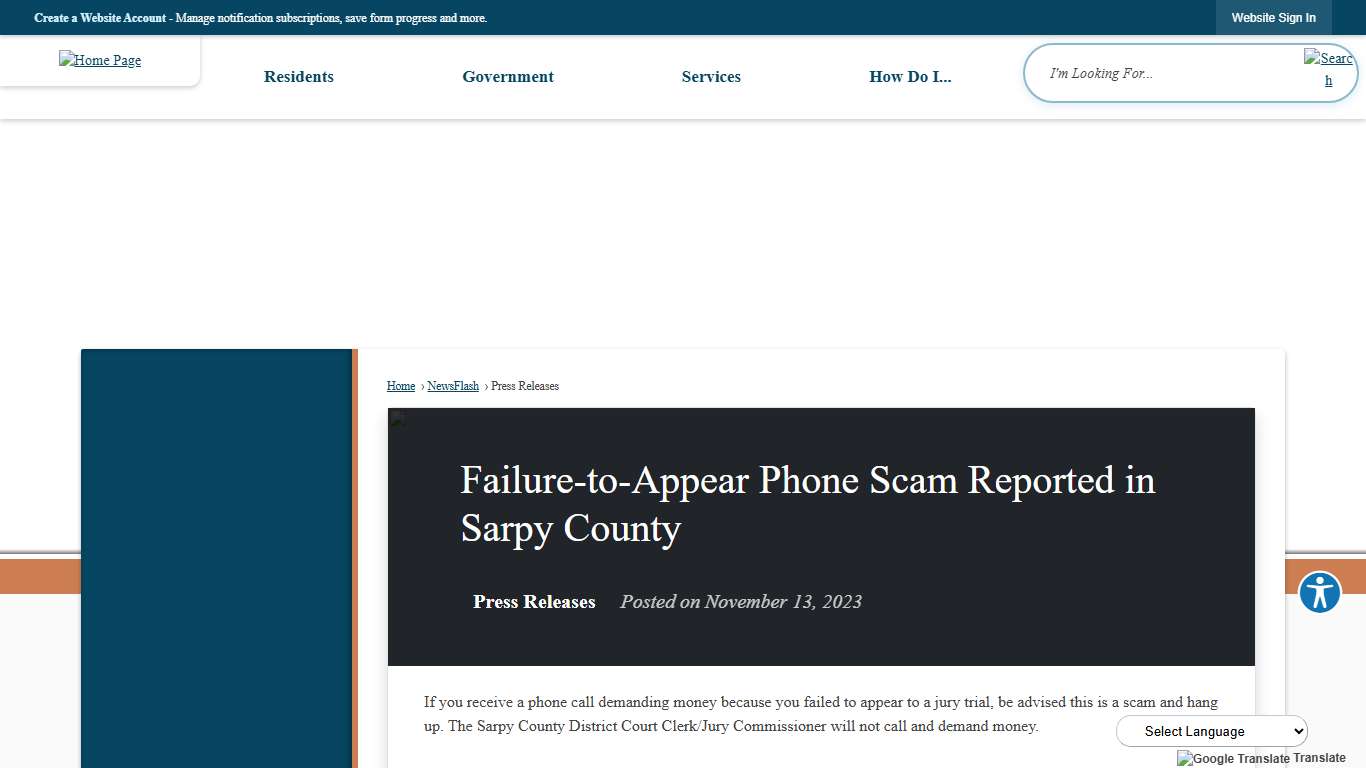 Failure-to-Appear Phone Scam Reported in Sarpy County • Sarpy County, NE